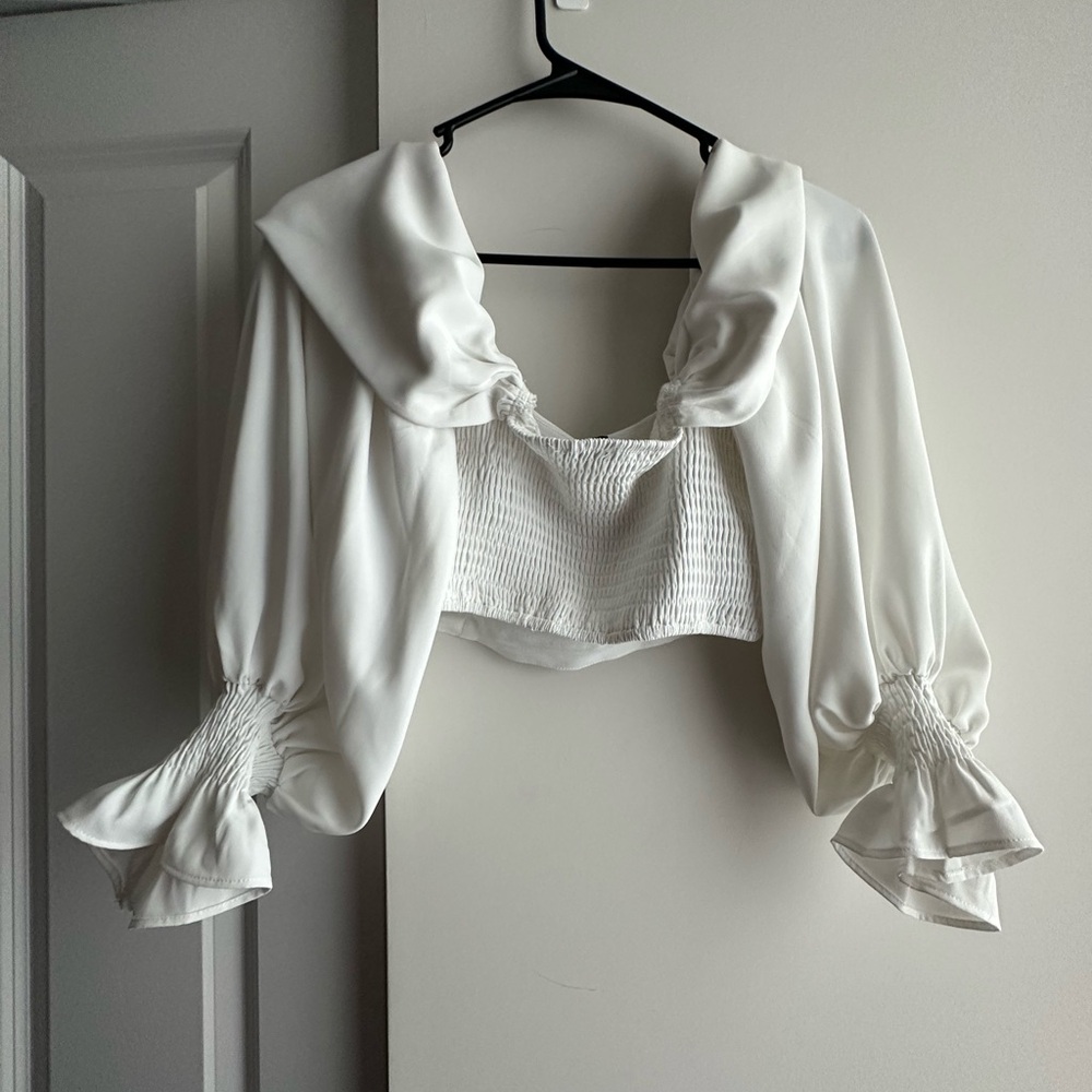 Fashion Nova Cropped White Off Shoulder Blouse with Ruffled Sleeves